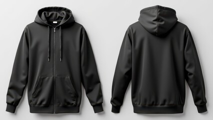 Full zip up hoodie mockup front and back view in black color.