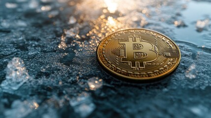 Bitcoin resting on frozen ice surrounded by intricate glowing cracks
