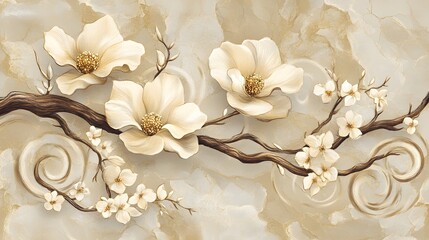Elegant Beige Cream Floral Branch Artwork  Swirls Background