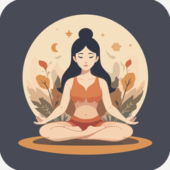 Serene young woman meditating in a lotus position against a calming moonlit backdrop