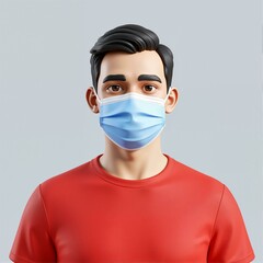 A man is wearing red shirt and mask on grey background.