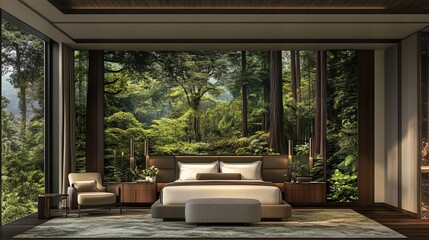 Fototapeta premium Luxurious bedroom, forest mural, mountain view, calming design, interior design