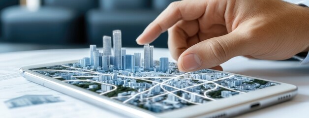 Hand interacts with mobile map displaying multiple location pins on a tabletop, illustrating navigation or planning activity