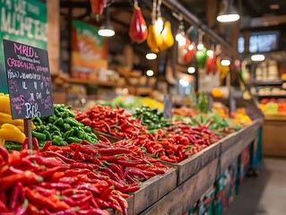 Spicy Red and Green Chili Peppers Displayed at the Market