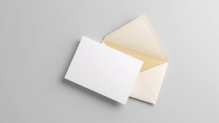Greeting card with envelope mockup on a light background, showcasing a blank card partially inserted into an open envelope.