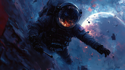 Astronaut Floating in Deep Space Near a Broken Spacecraft