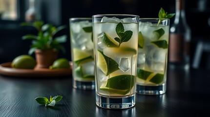Close-up view of mojito cocktail in glasses on dark wooden table, cocktail drinks concept
