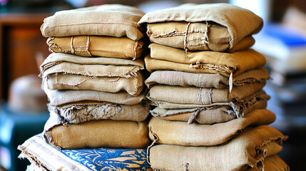 Stacked fabric scraps workshop background textile