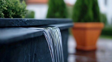 A serene water feature cascading over a stone ledge in a tranquil garden setting