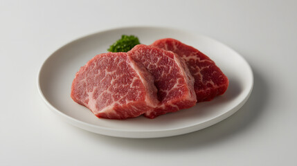 Raw beef steaks, plate, studio, parsley garnish, recipe