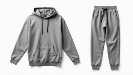 Gray hoodie and sweatpants set mockup with black drawstrings, displayed on a white background.