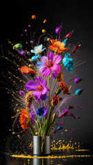 Abstract neon vertical background in the form of a bouquet of spring flowers from splashes of bright colors. High quality photo