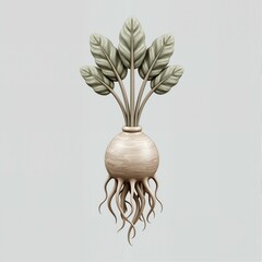 A stylized rendering of radish in vase with leaves.
