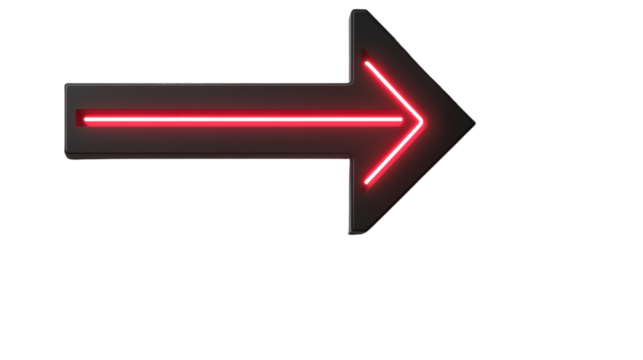 Red neon arrow pointing right on transparent background