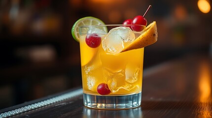 Alcoholic cocktail with mango, cranberries, lime, crushed ice and liquor, dark wooden bar counter background, selective focus