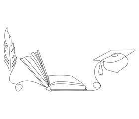 Continuous one line drawing of celebrating graduation hat, feather and book. Single line drawing illustration of education. Graduation concept vector art. Doodle line illustration.