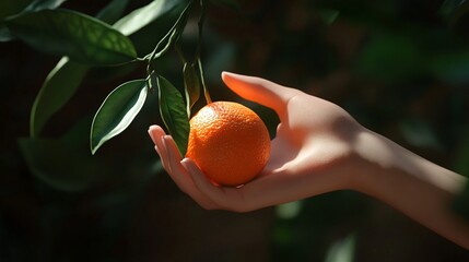 Fresh Tangerine Held by a Female Hand Isolated on White Background