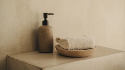 Spa bathroom soap dispenser, towel, bowl. Calm background