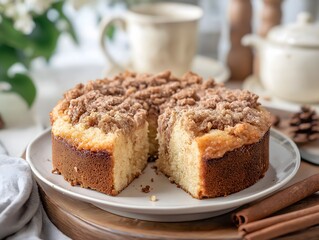 Crumble Cake Dessert with Cinnamon Sticks and Coffee Cup in Background