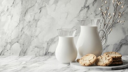 Glass Pitchers Filled with Fresh Milk Served with Cookies