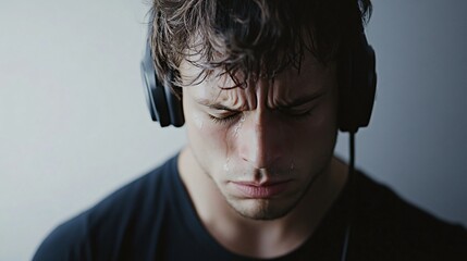 Man Expressing Sadness While Listening to Music