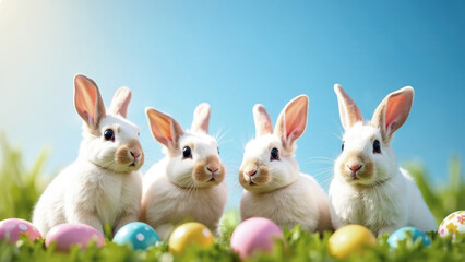 Obraz premium Cute Easter bunnies with Easter eggs on a green meadow with grass and flowers sunny spring clear day. Greeting card with Easter holiday concept with space for copying