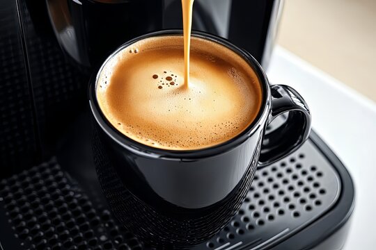 Close up of a cup coffee brewing from a coffee machine. The process of making coffee