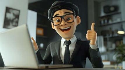 Man Wearing Glasses Working On Laptop Expressing Happiness