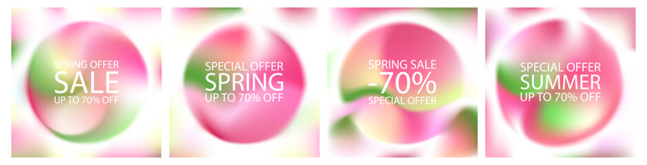 Gradient light background set. Square poster, organic green pattern design. Soft sunny garden spring summer presentation template. Fluid liquid graphic 3d design, pastel noise mesh eco social banner.