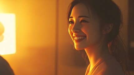 Asian Female Laughing and Smiling While Being in Home Isolation with Family