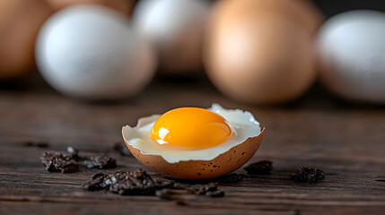 Soft-boiled egg yolk, rustic wood, tea leaves, egg background, food photography