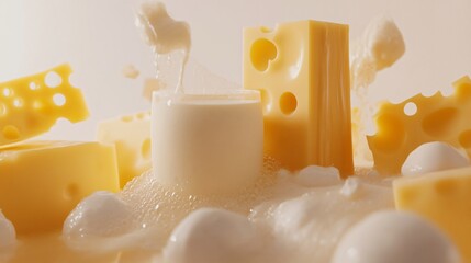 Fresh Milk and Cheese on White Background