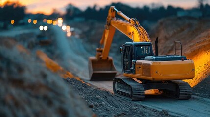Heavy Excavator Working on Construction Site at Sunset Evening