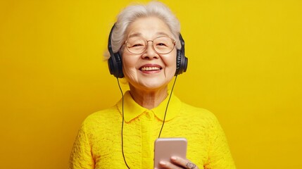 Active Elderly Woman Listening to Music with Headphones
