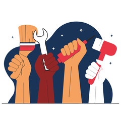 United Hands. A Labour Day Celebration of Teamwork and Tools Unity Craft Skill  
