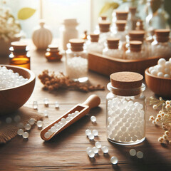 Homeopathy globules in bottles on a table