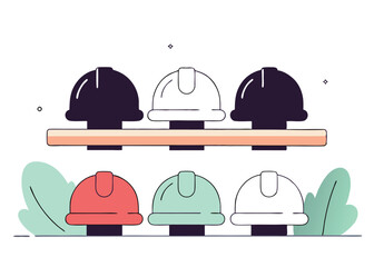 Fototapeta premium Hard Hats on Wooden Beam. Labor Day Safety Vector Illustration job work site team