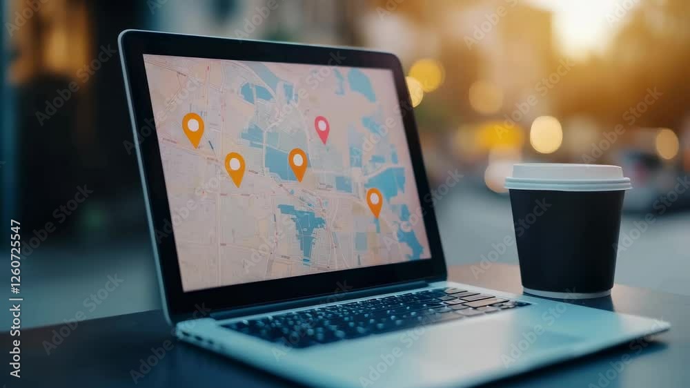 Poster slow motion video of a laptop displaying an online map with location markers, alongside a coffee cup