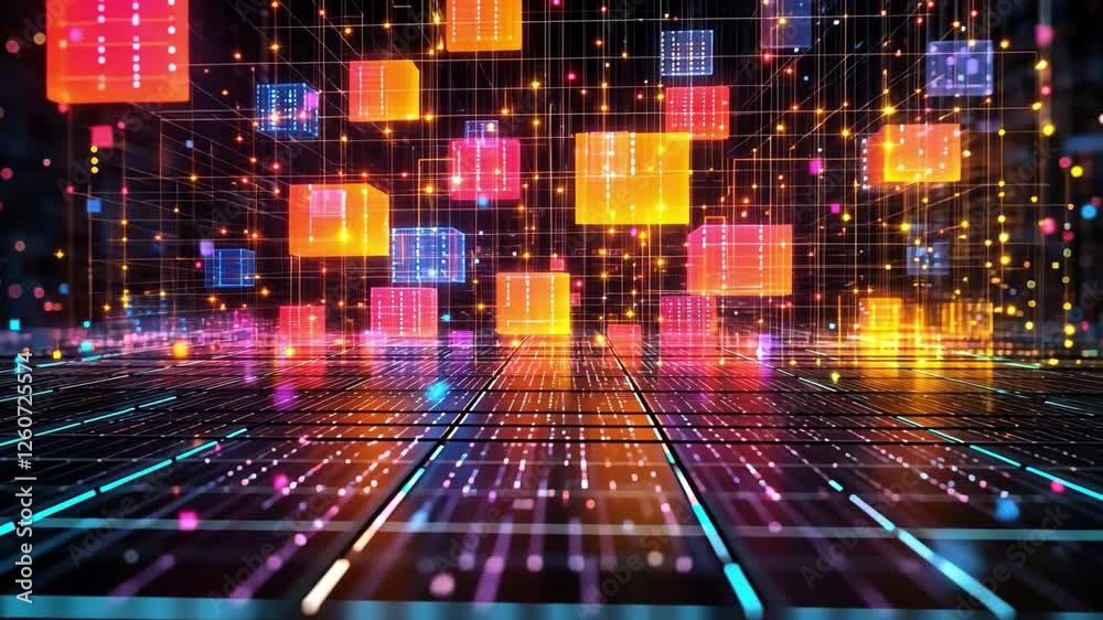 Poster Digital Matrix:  Glowing colorful cubes float in a dynamic digital matrix, creating a vibrant and futuristic abstract background.  The scene pulses with energy.