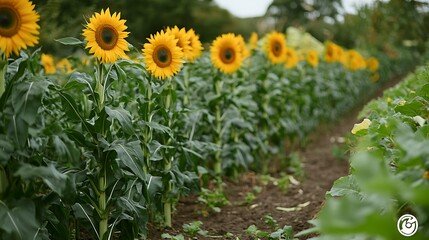 Obraz premium Sunflowers in a field, summer day, rural setting, nature scene
