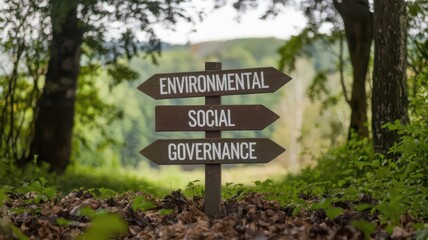 Signpost indicating Environmental, Social, and Governance pathways in nature.