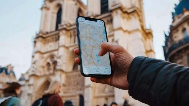Traveler navigating near notre dame cathedral in paris, using smartphone app for exploring city landmarks during sightseeing journey with slow motion digital guidance