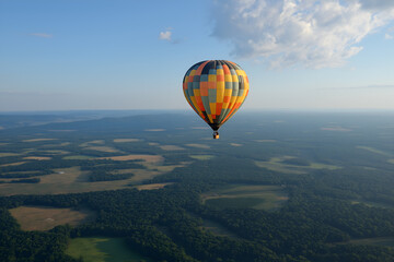 Fototapeta premium A hot air balloon flying over a mountain landscape.