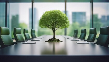 A unique conference room featuring a tree at the center of a modern table setup.