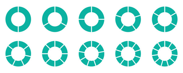 Pie chart shape, Circle diagram collection with sections or parts. Pie chart divided 2, 3, 4,5,6,7, 8,equal parts. Vector illustration isolated on white background.