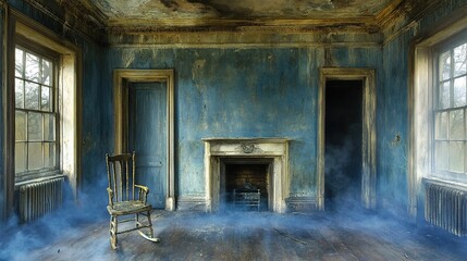 Abandoned Mansion Room, Rocking Chair, Fog, Decay, Winter