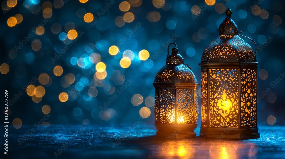 Poster stunning moroccan ornamental lanterns glow warmly, illuminating a backdrop of shimmering bokeh. the 