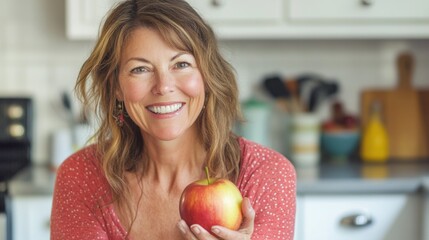 Smiling woman holds a red apple in a bright kitchen setting