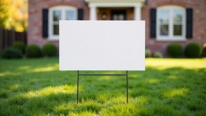Real estate yard sign mockup in front of a house with a green lawn.