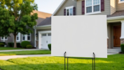 Real estate yard sign mockup in front of a suburban house with a green lawn and trees